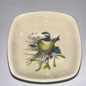 Lenox Winter Greetings chickadee dipping bowl, pine branches,holly,mistletoe